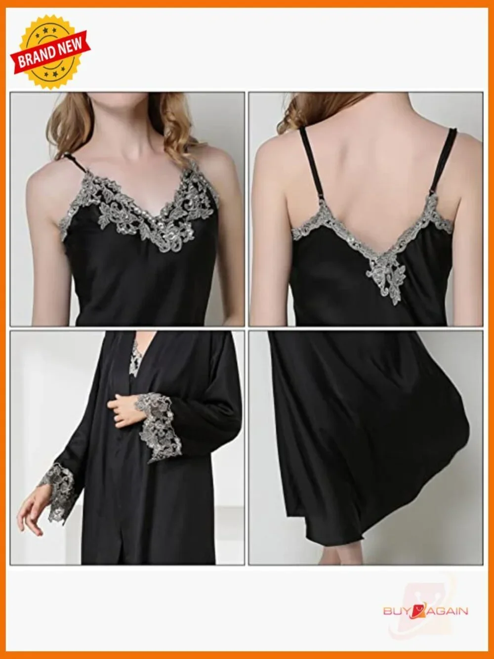 Women's 2 Piece Satin Nightgown and Robe Set Lace Sleepwear